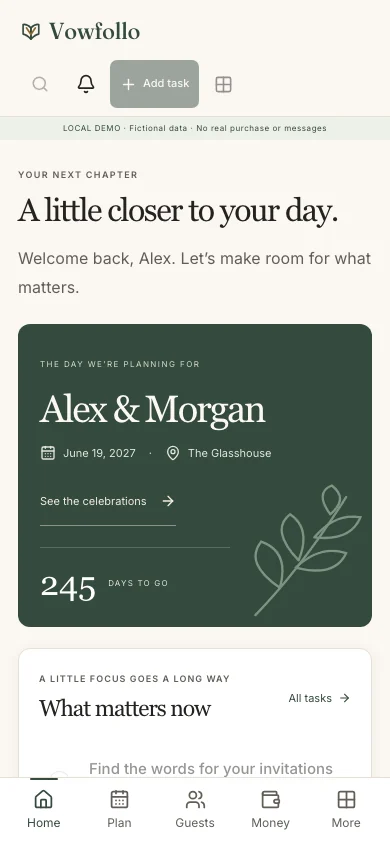 Vowfolio · Mobile home dashboard