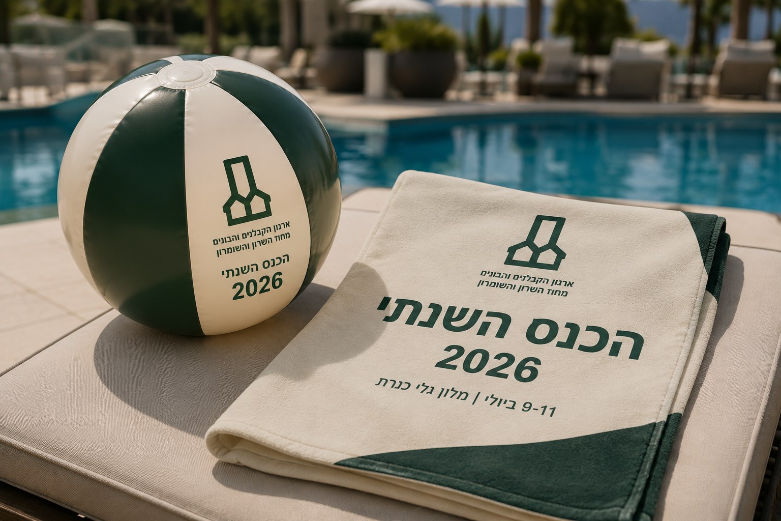 מגבת וכדור ים ממותגים לצד בריכת המלון